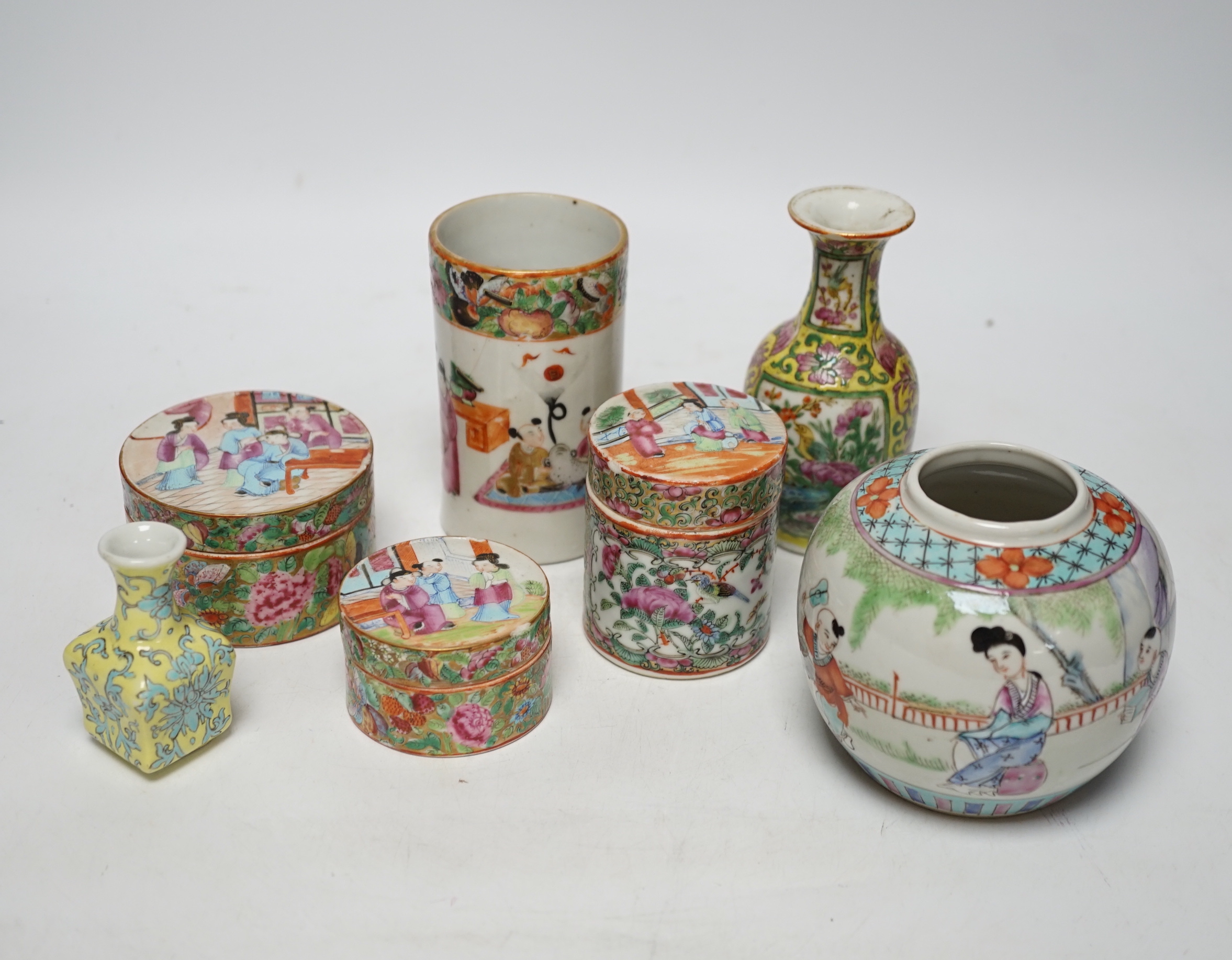 Seven 19th/20th century Chinese enamelled porcelain vases, boxes or jars